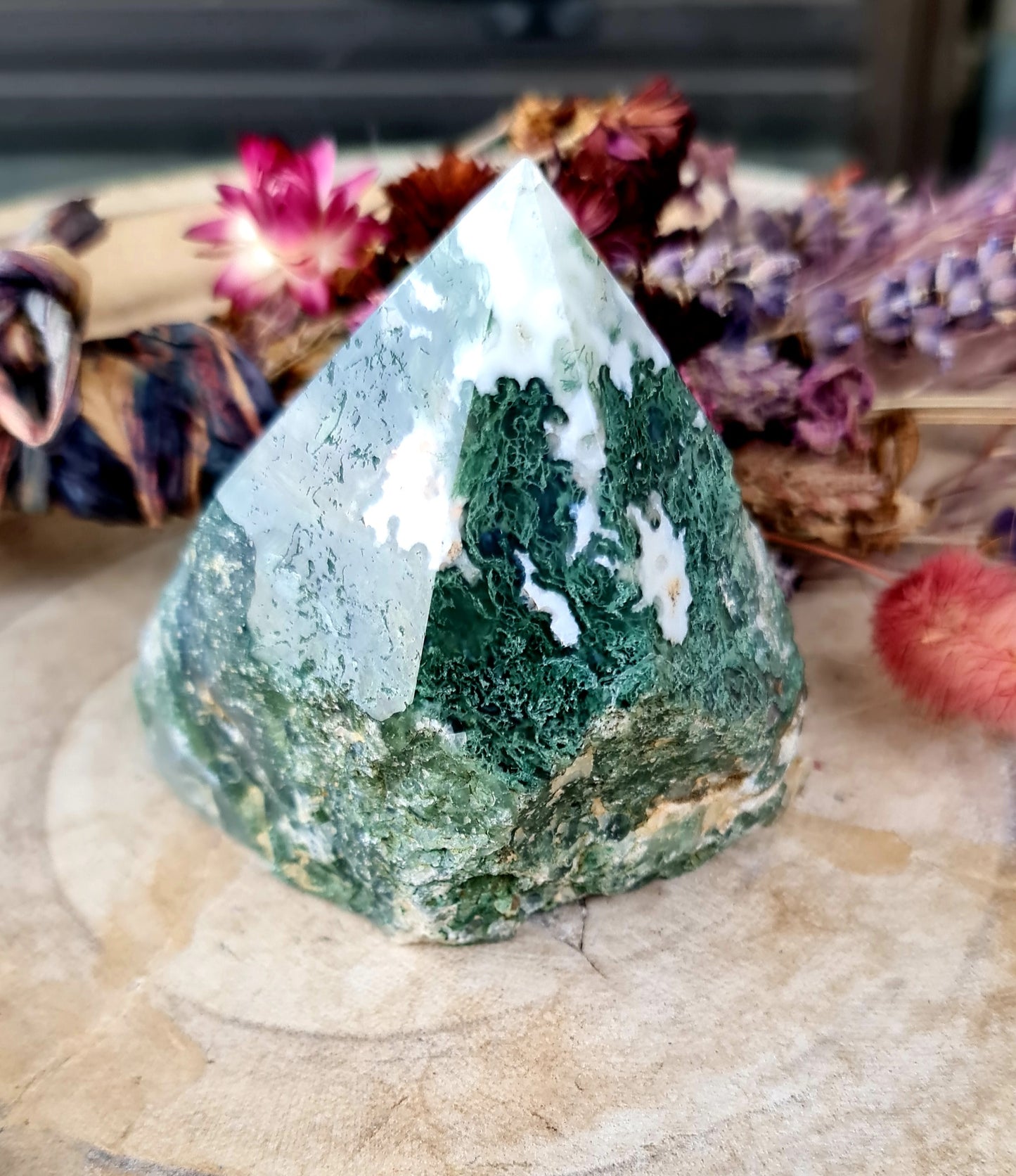 Moss agate raw base polished point