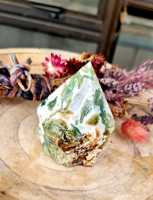 Moss agate raw base polished druzy point