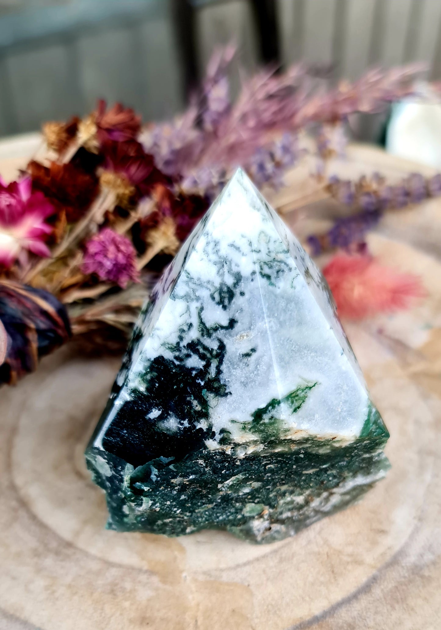 Moss agate raw base polished point