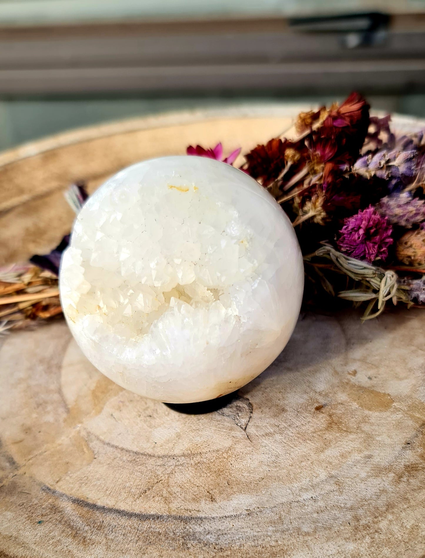 White druzy agate sphere