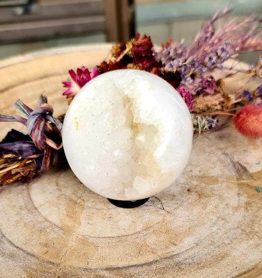 White druzy agate sphere