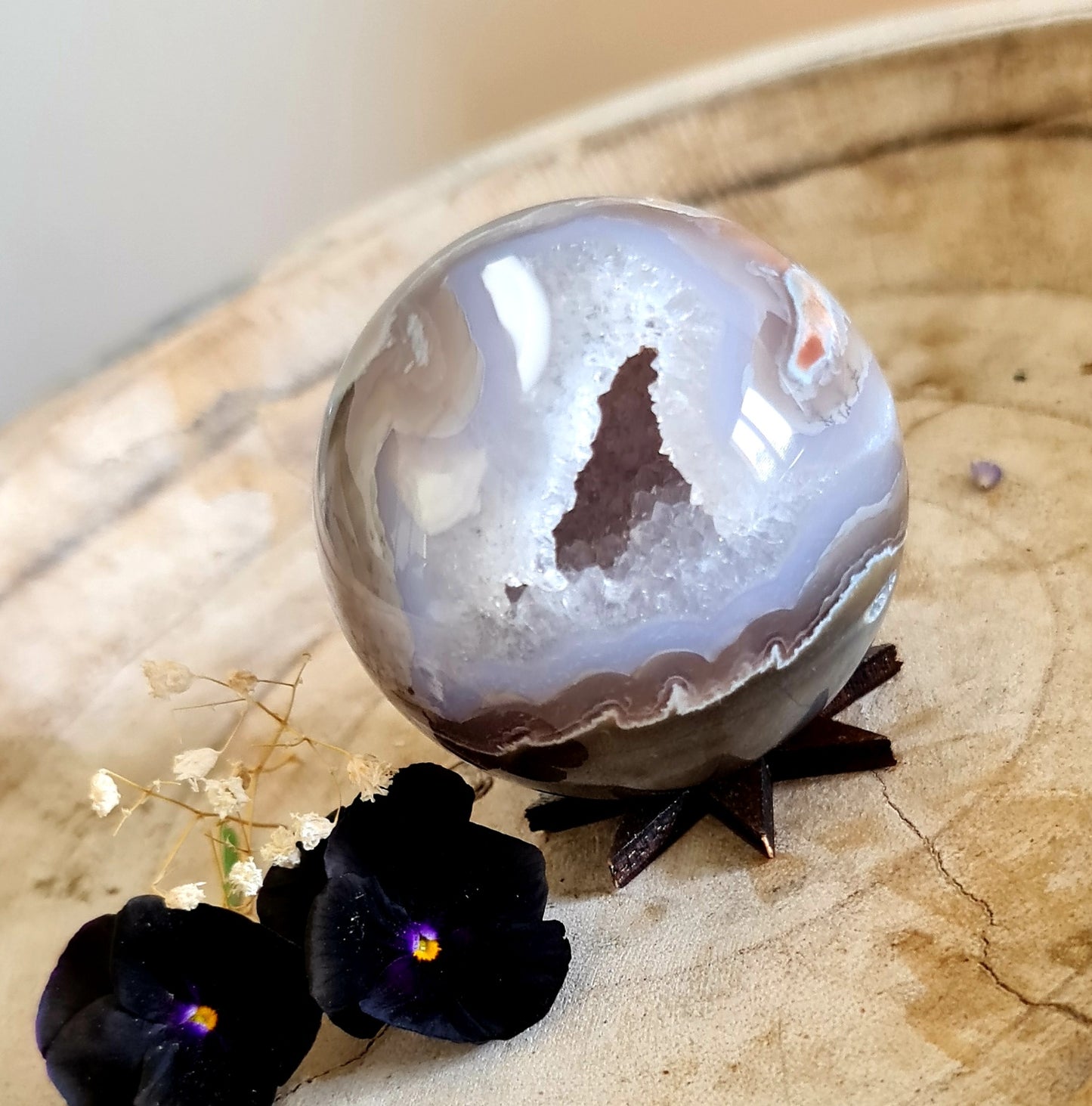 Black flower agate druzy sphere